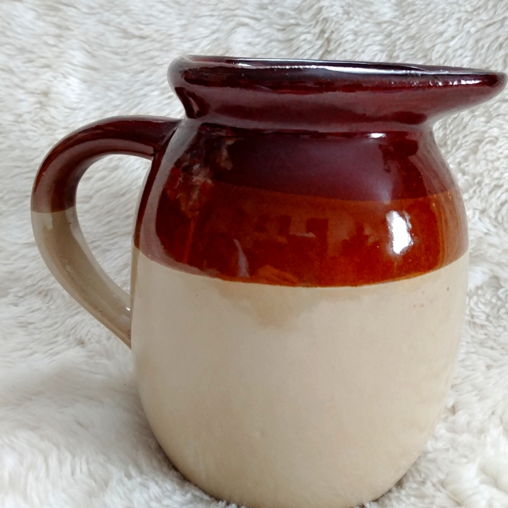Vintage Clay Jug Pottery. Canada. 7 inch. Brown. Tan. Glaze. Cowan